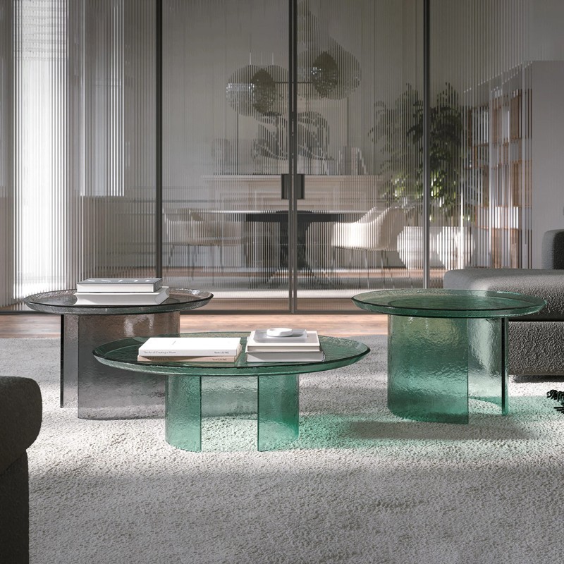 Atollo Tonin Casa Designer Hammered Glass Coffee Table Set