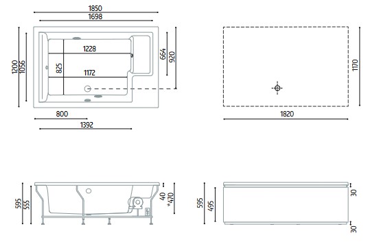 Dimensions of Nubea 185-120 Glass 1989 Bathtub