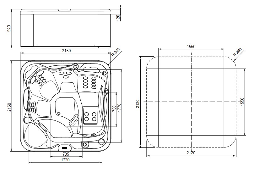 Dimensions of the MySpa 215 Glass 1989 Hot Tub
