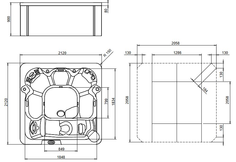 Dimensions of the MySpa 212 Glass 1989 Minipool
