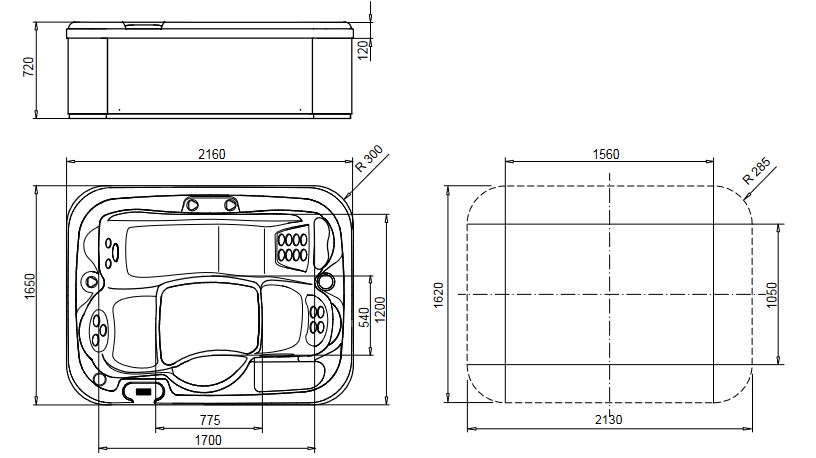 Dimensions of the MySpa 216/165 Glass 1989 Minipool