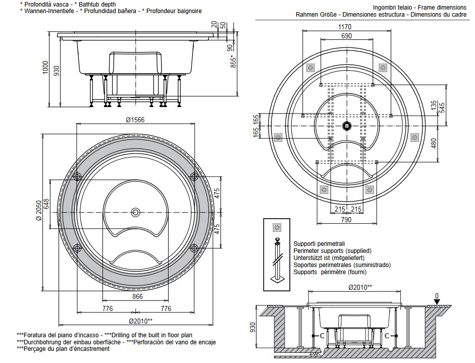 Dimensions of the OF Spa 210 Glass 1989 Mini Pool