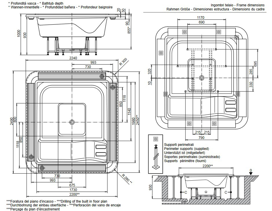 Dimensions of the OF Spa 250/225 Glass 1989 Mini Pool