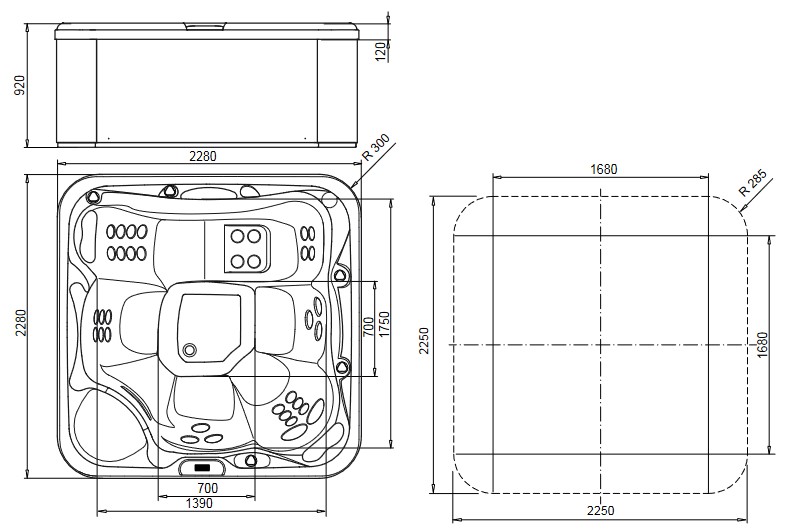 Dimensions of the MySpa 228 Glass 1989 Mini Pool