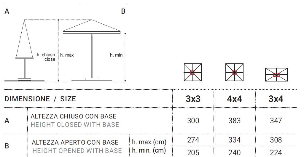 Dimensions of the Petrarca Legno Umbrella by Ombrellificio Veneto