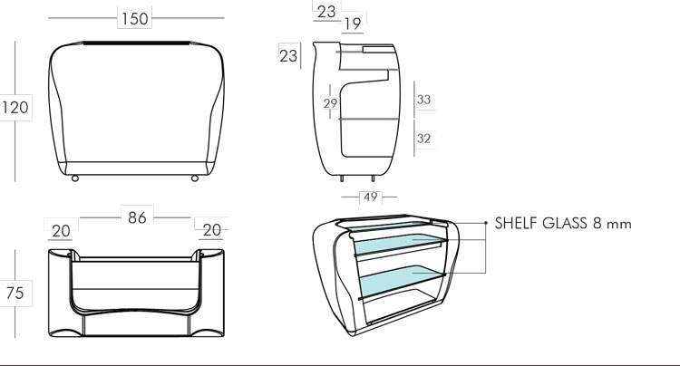 Roller Bar Counter Slide frame and dimensions