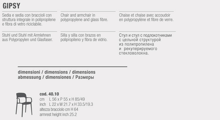 Gipsy Chair Bontempi Casa with armrests sizes