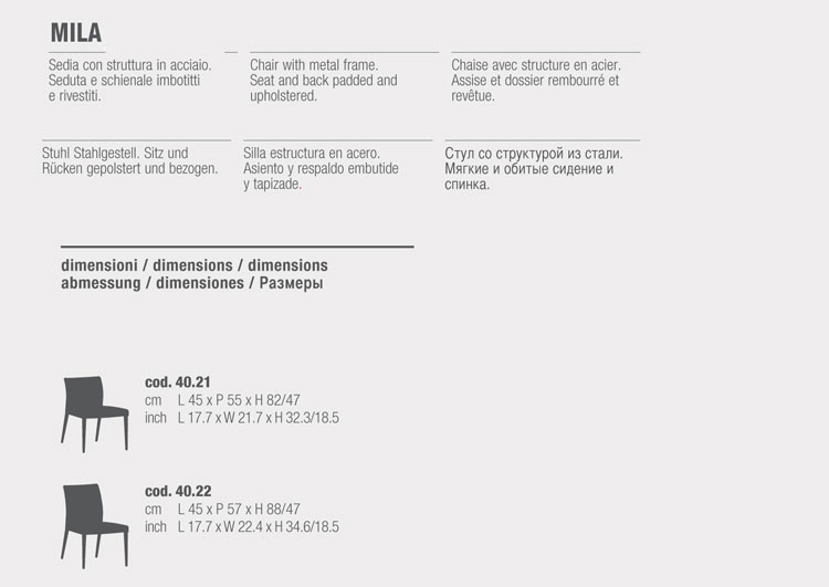 Mila Chair Bontempi Casa sizes