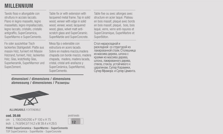 Millennium Table Bontempi Casa 20.66 extendable sizes