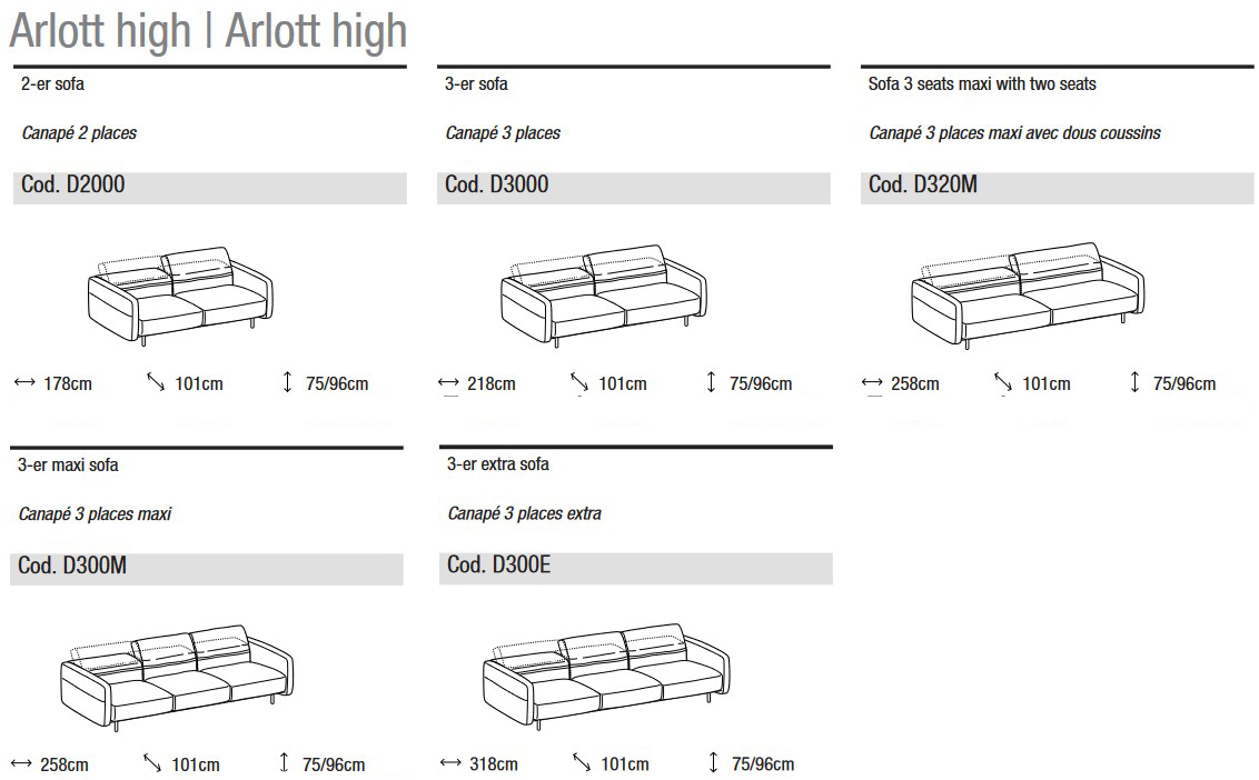Dimensions of Arlott High Ditre Italia 2 and 3 Seater Linear Sofa