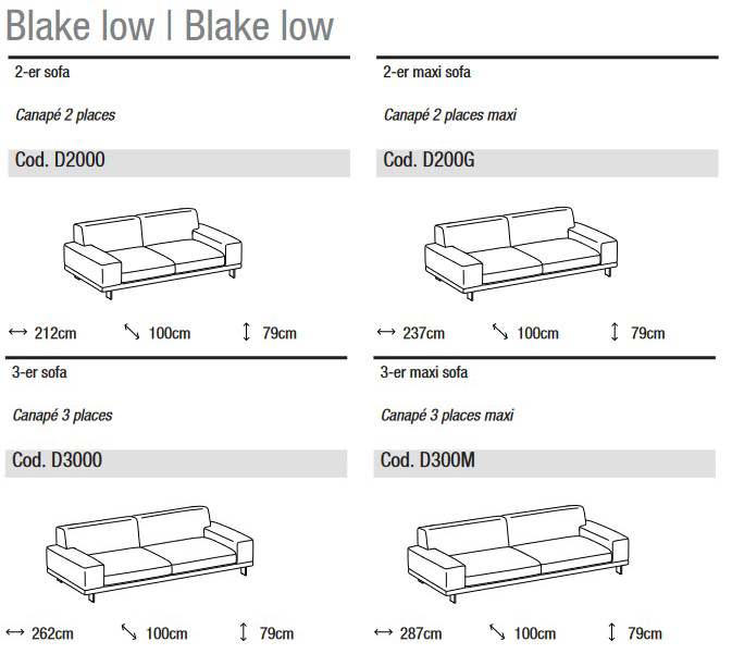 Dimensions of Blake Low Sofa Ditre Italia, 2 and 3 linear seats