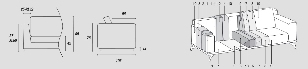 Dimensions of Dalton Sofa Ditre Italia 2 and 3 Seater Linear