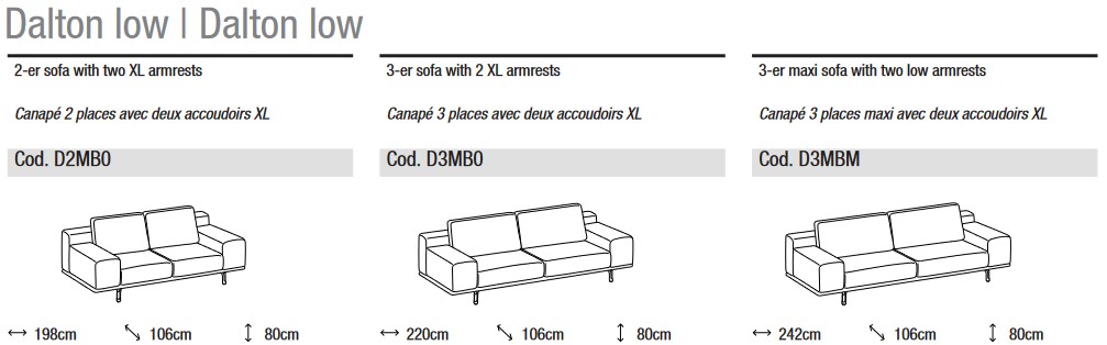 Dimensions of Dalton Low Sofa Ditre Italia 2 and 3 Seater