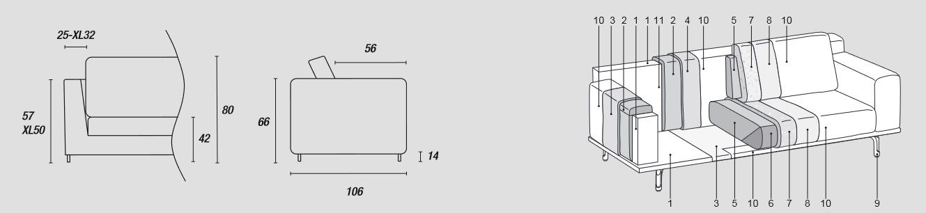 Linear dimensions of modular sofa Dalton Low by Ditre Italia