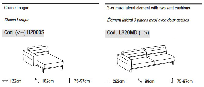 Dimensions of the modular sofa Bepop by Ditre Italia