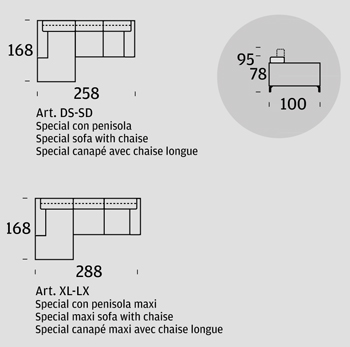 Fred Sofa Felis with peninsula sizes