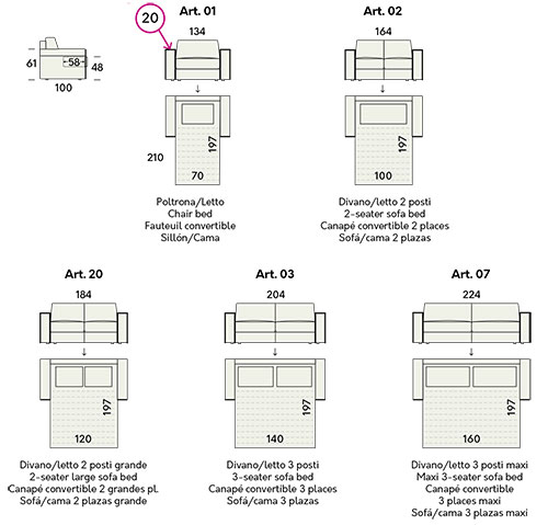 Mosley Sofa bed Felis sizes