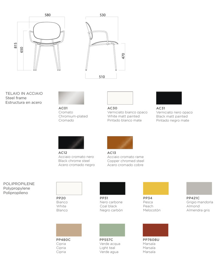 Tondina pop 4 legs with arms Chair Infiniti Design dimensions and colours